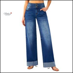 High Waisted Stretchy Wide Leg Jeans, Cuffed Baggy Denim Pants, 29.92 Inseam